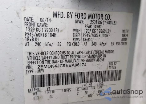 2014 Ford Edge Sel z USA, uszkodzony, nr VIN 2FMDK4JC9EBA96174